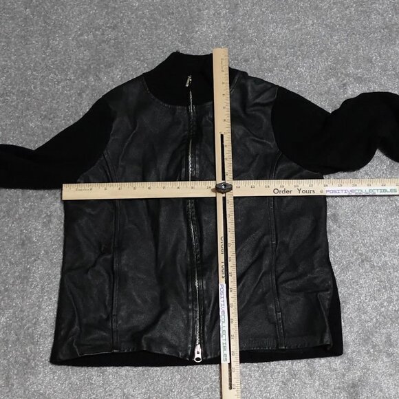 Vintage Pendleton Leather Sweater Jacket Women's Medium Petite Black Full Zip - Picture 2 of 7